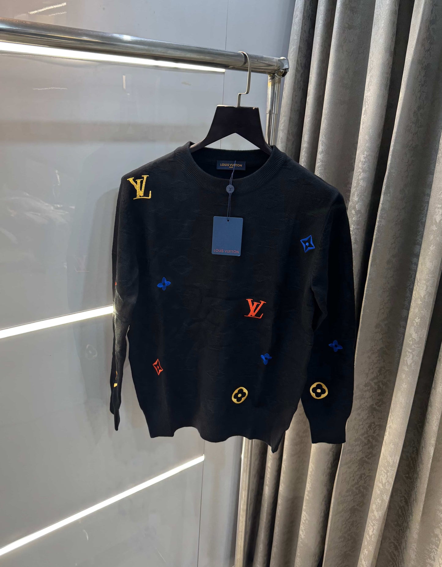 Louis Vuitton Black Embroidery Logo Imported Knitted Pull Over