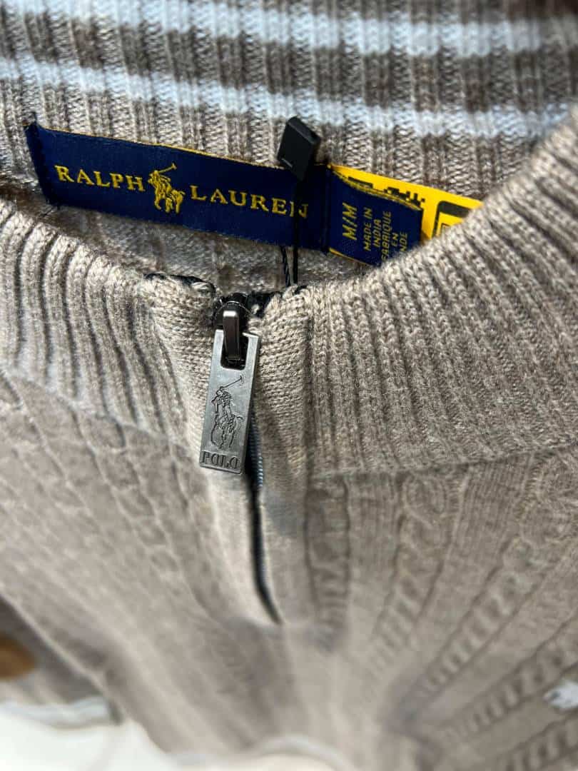 BROWN POLO RALPH LAURE_N CABLE KNIT QUARTER ZIP PREMIUM SWEATER