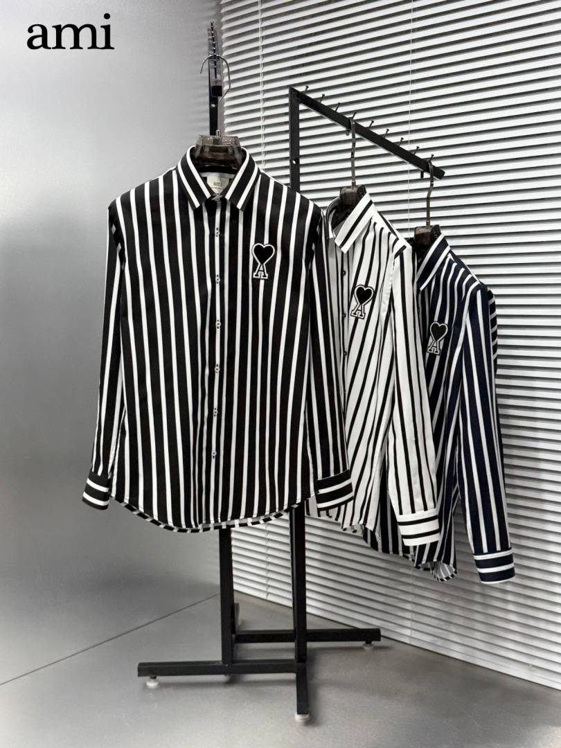 Ami Paris Navy Blue Stripes Patch Logo Premium Shirt (1962)