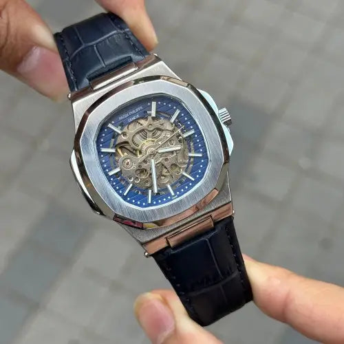 Pate_k Phillipe Automatic Leather Blue Silver
