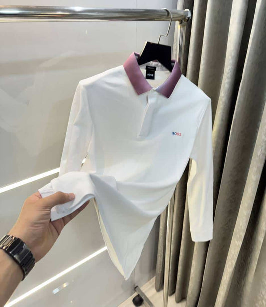 Hugo Bos s White Collar Look Premium Full Sleeve Polo T-Shirt