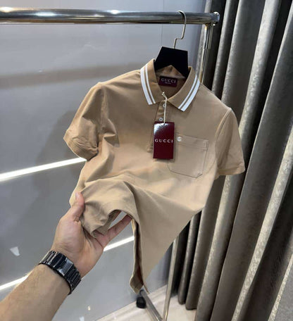 Gucc i Beige Collar Look Imported Polo T-Shirt