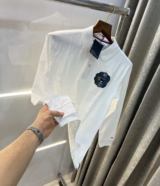 Tomm y hilfigre  White Embroidery Logo Premium Full Sleeve Polo T-Shirt