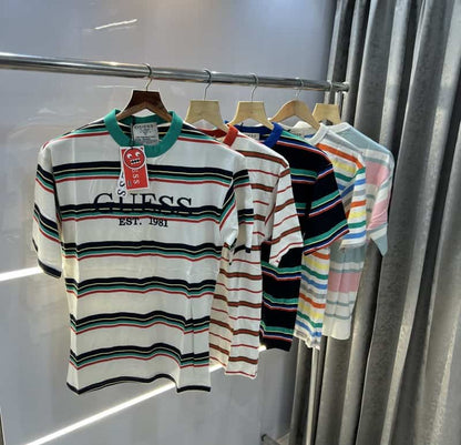 Gues s  White Red Stripes Imported Oversized T-Shirt