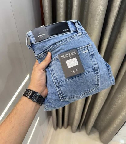 Amir i Sky Blue Printed Open Ripped Imported Denim