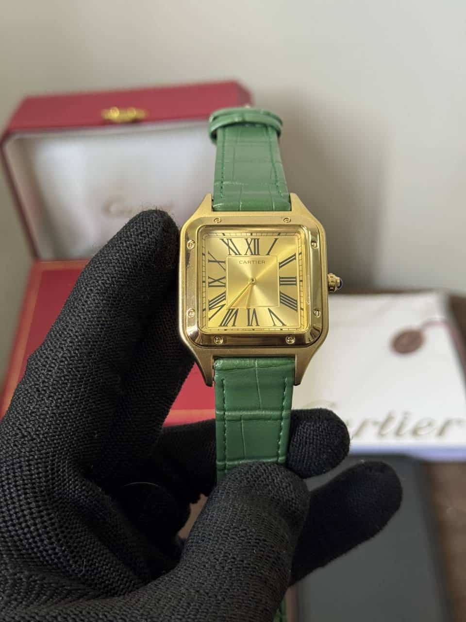 Cartie r Santos Dumont Green Leather Strap Quartz Watch