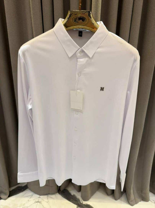 Hermes Chest Metal Logo Japanese Lycra Full Sleeves Shirt White