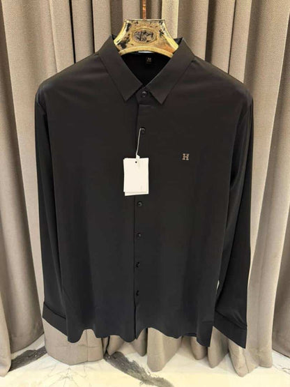 Hermes Chest Metal Logo Japanese Lycra Full Sleeves Shirt Black