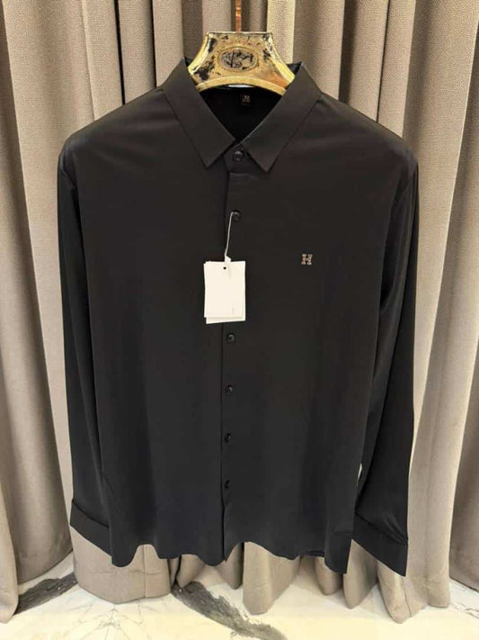 Hermes Chest Metal Logo Japanese Lycra Full Sleeves Shirt Black