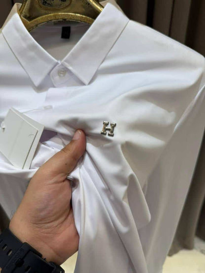Hermes Chest Metal Logo Japanese Lycra Full Sleeves Shirt White