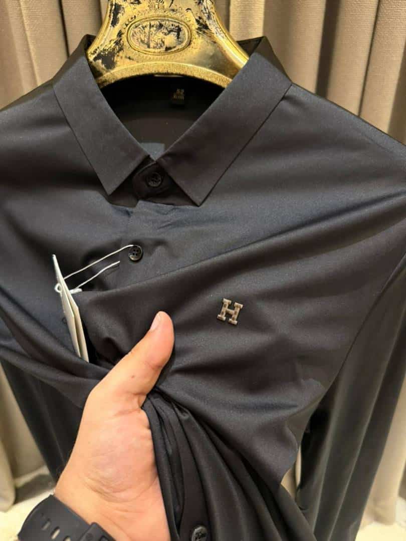 Hermes Chest Metal Logo Japanese Lycra Full Sleeves Shirt Black