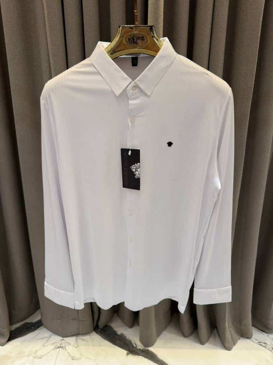 Versace Chest Metal Logo Japanese Lycra Full Sleeves Shirt White