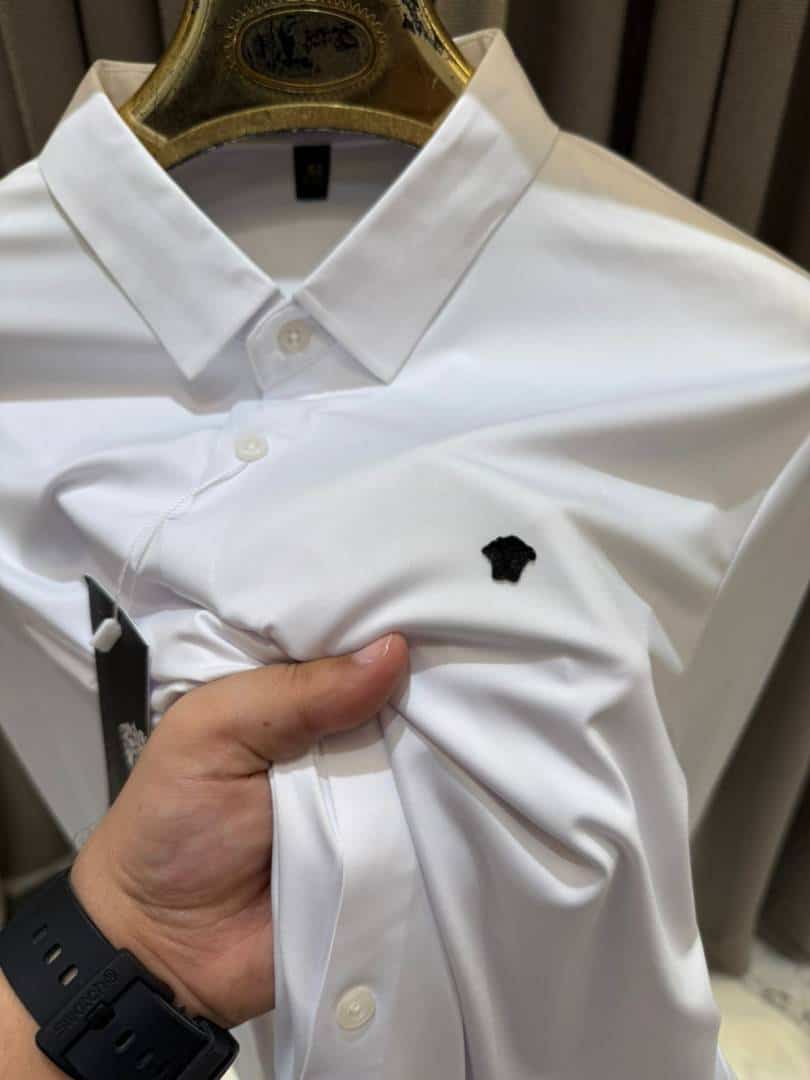 Versace Chest Metal Logo Japanese Lycra Full Sleeves Shirt White