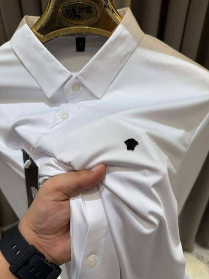 Versace Chest Metal Logo Japanese Lycra Full Sleeves Shirt White