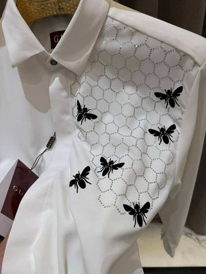 Gucc_i Bee Diamond Embossed Korean Lycra Shirt White