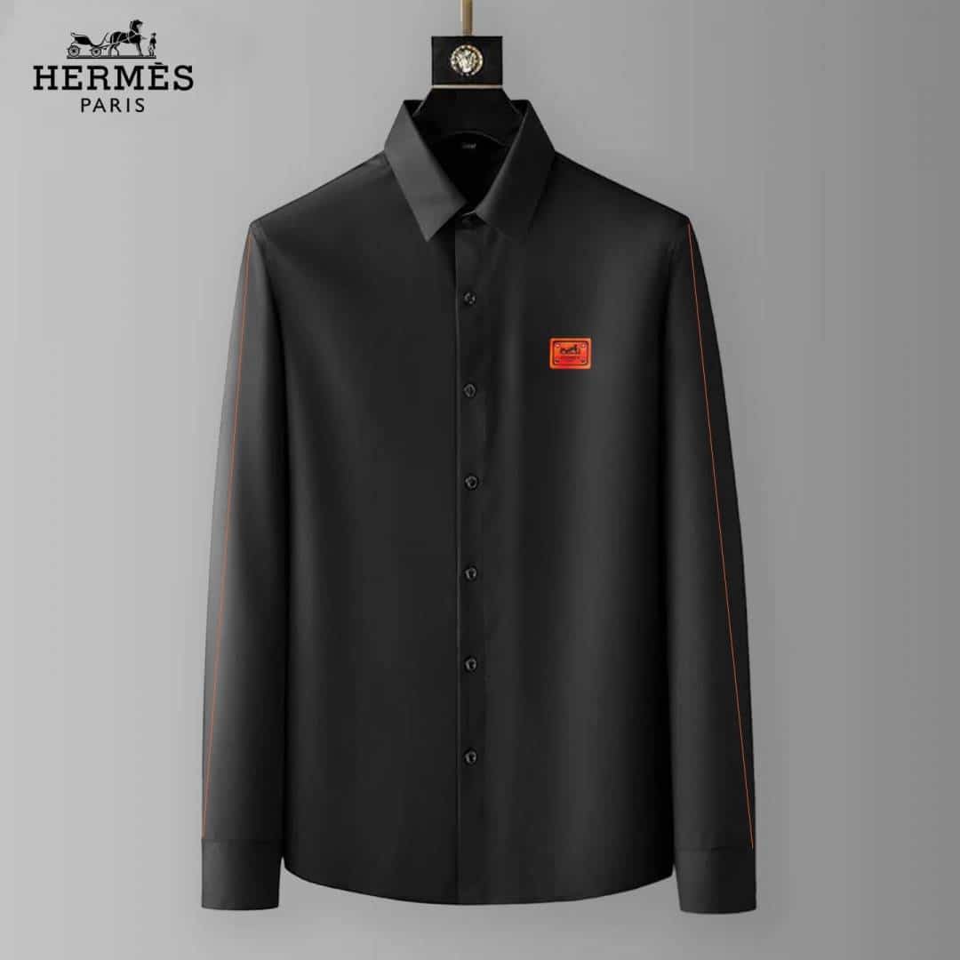 Hermes Chest Logo Box Pack Full Sleeves Shirt Black
