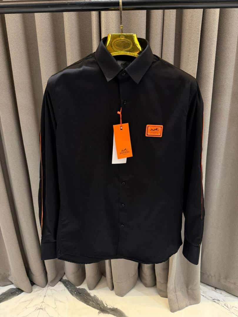 Hermes Chest Logo Box Pack Full Sleeves Shirt Black