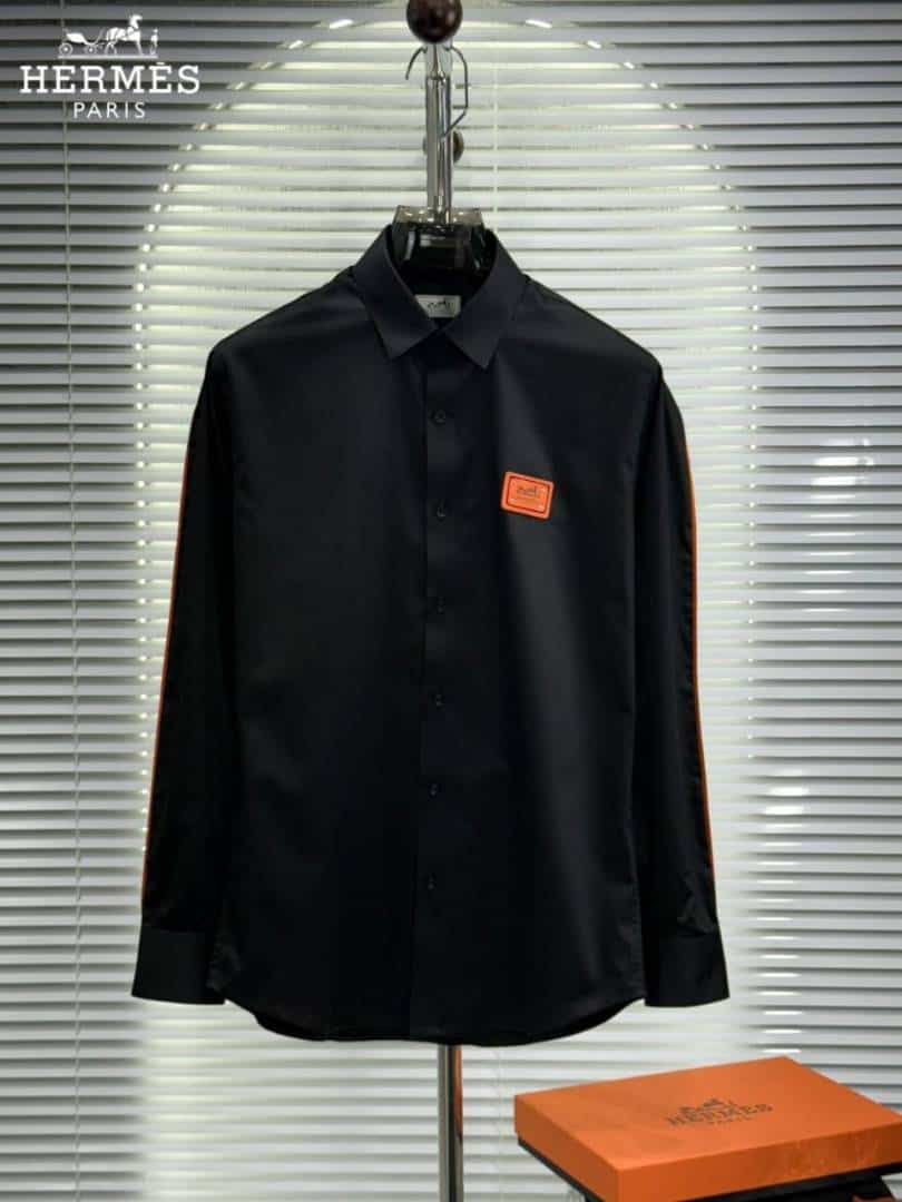 Hermes Chest Logo Box Pack Full Sleeves Shirt Black