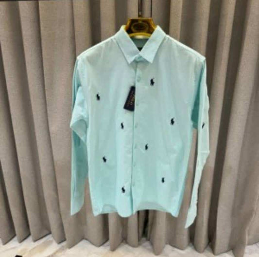 SALE Ralph_Lauren Full Monogram Full Sleeves Shirt Turquoise Blue