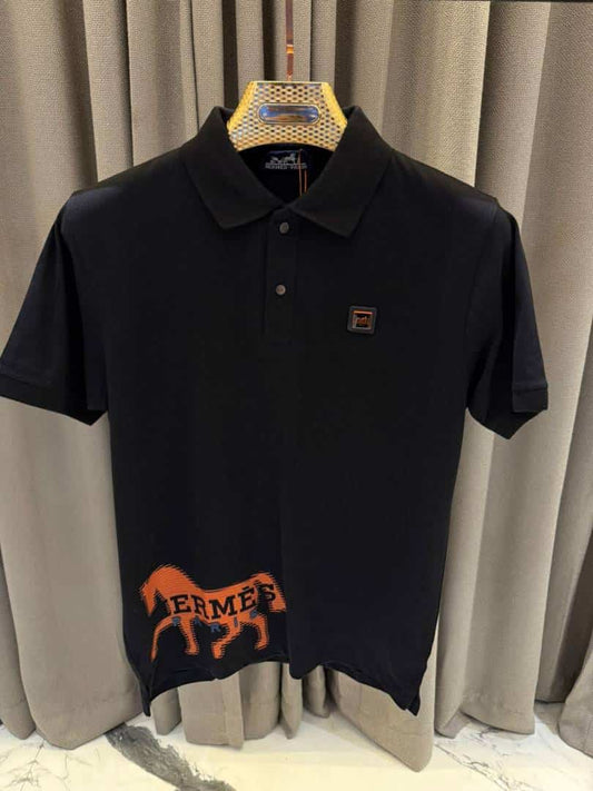 Hermes Chest Logo Polo T-shirt Black