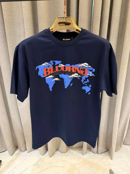 BLU ORNG World Map Print Round Neck T-shirt Navy