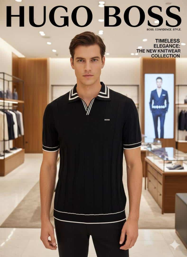 HUGO BOS_S KNITTED POLO T SHIRT IN BLACK COLOUR