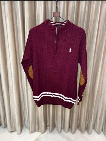 MAROON POLO RALPH LAURE_N CABLE KNIT QUARTER ZIP PREMIUM SWEATER