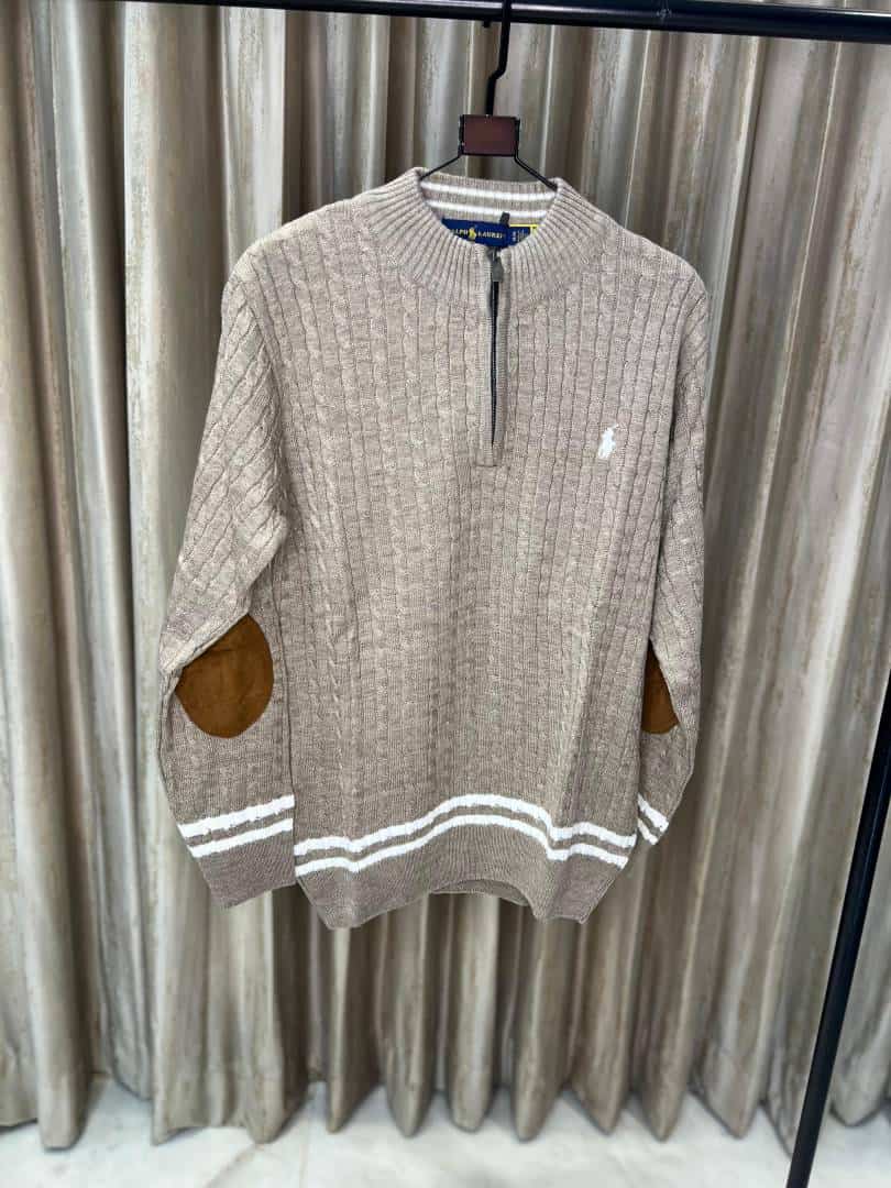 BROWN POLO RALPH LAURE_N CABLE KNIT QUARTER ZIP PREMIUM SWEATER