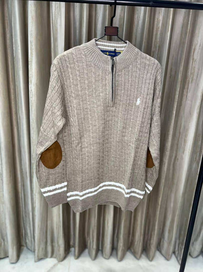 BROWN POLO RALPH LAURE_N CABLE KNIT QUARTER ZIP PREMIUM SWEATER
