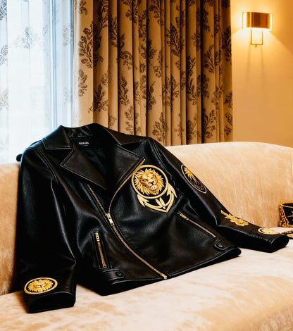Balmai n Paris Black Embroidery Logo Imported Leather Jacket