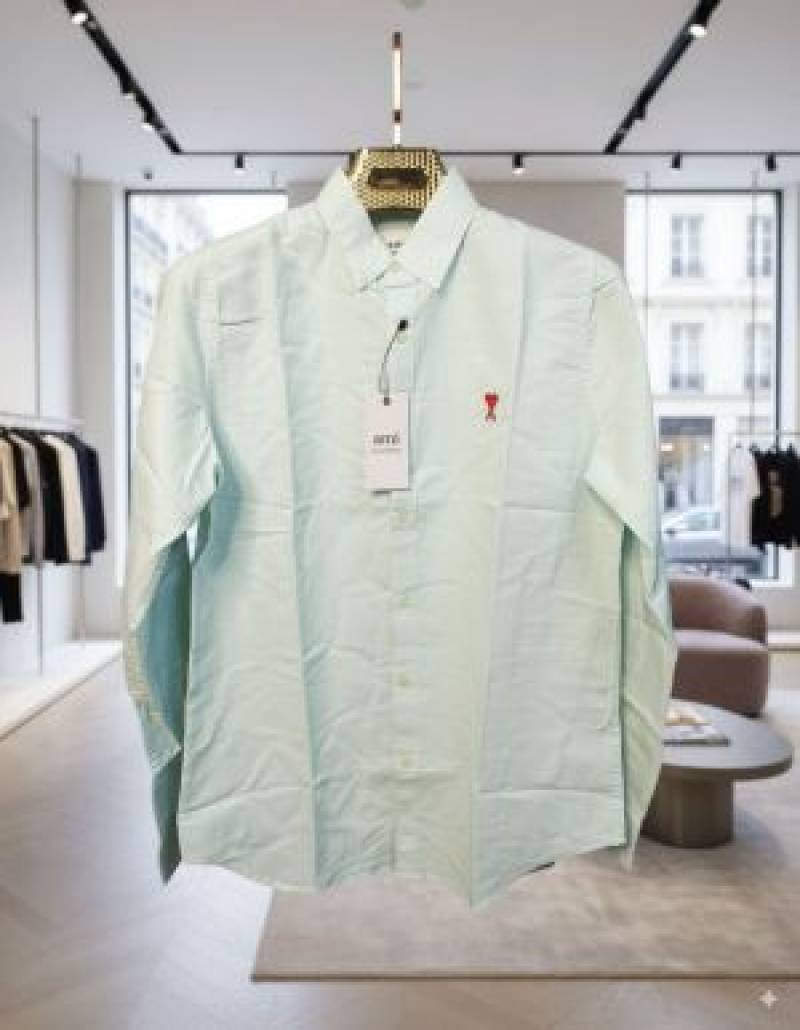 Ami Paris Acqua Green Stripes Embroidery Logo Premium Shirt (1847)