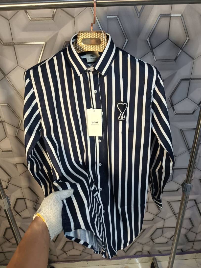Ami Paris Navy Blue Stripes Patch Logo Premium Shirt (1962)