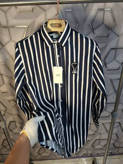 Ami Paris Navy Blue Stripes Patch Logo Premium Shirt (1962)