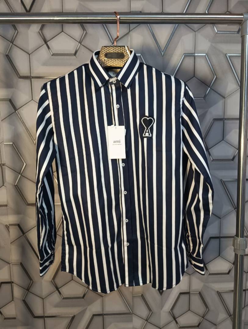 Ami Paris Navy Blue Stripes Patch Logo Premium Shirt (1962)