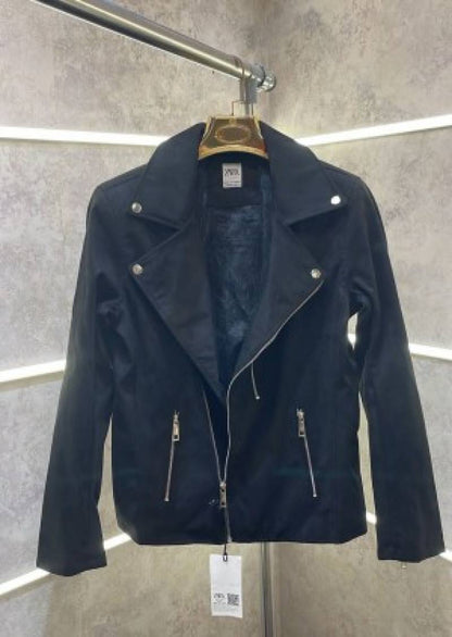 Z ara Black Cross Zip Designer Premium Suede Leather Biker Jacket (563)
