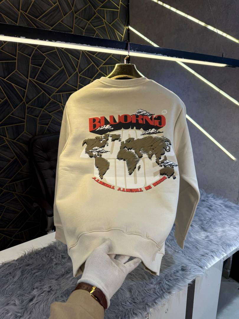 Bluorng Cream Embossed Logo Print Imported Sweatshirt (1943)