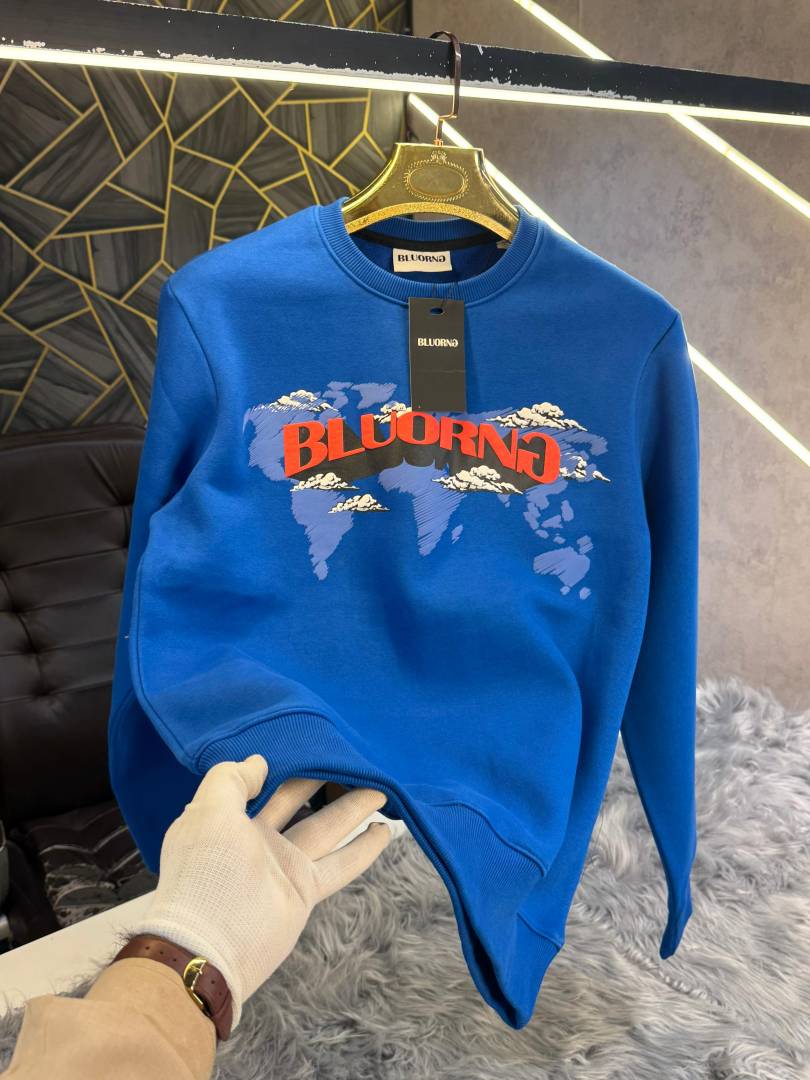 Bluorng Royal Blue Embossed Logo Print Imported Sweatshirt (1942)