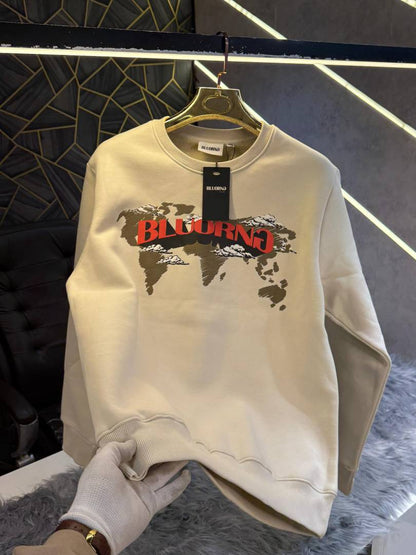 Bluorng Cream Embossed Logo Print Imported Sweatshirt (1943)
