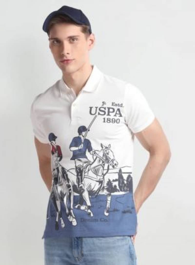 U.S.Polo Assn White Imported Printed Polo T-shirt (1542)