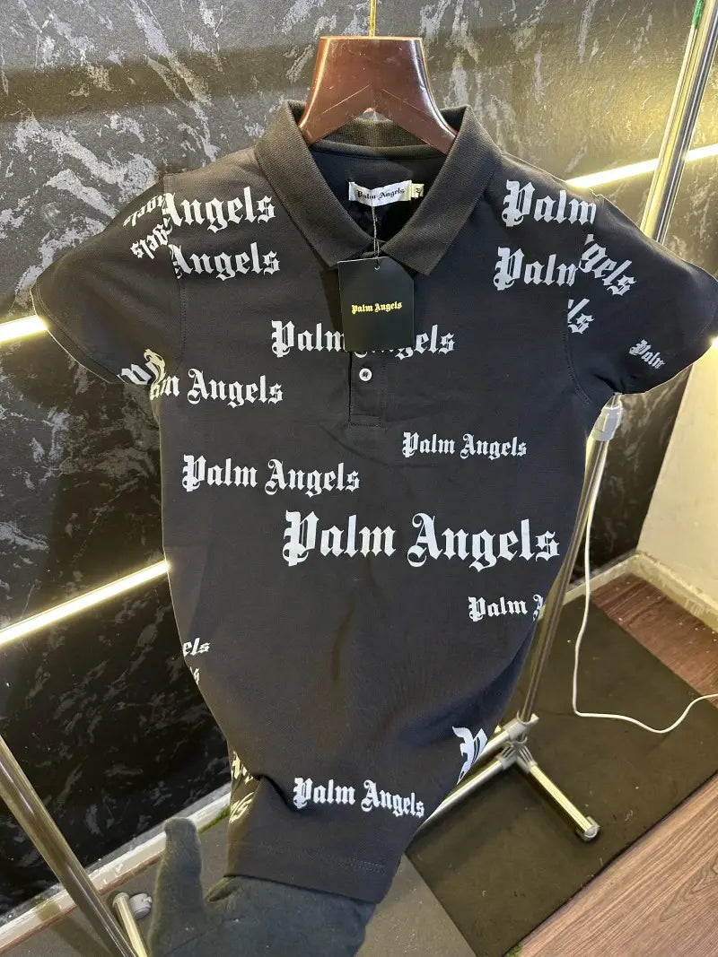 Palm Angels All over Print Polo Tshirt Black