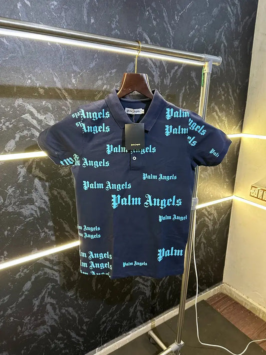 Palm Angels All Over Print Polo Tshirt Dark Blue