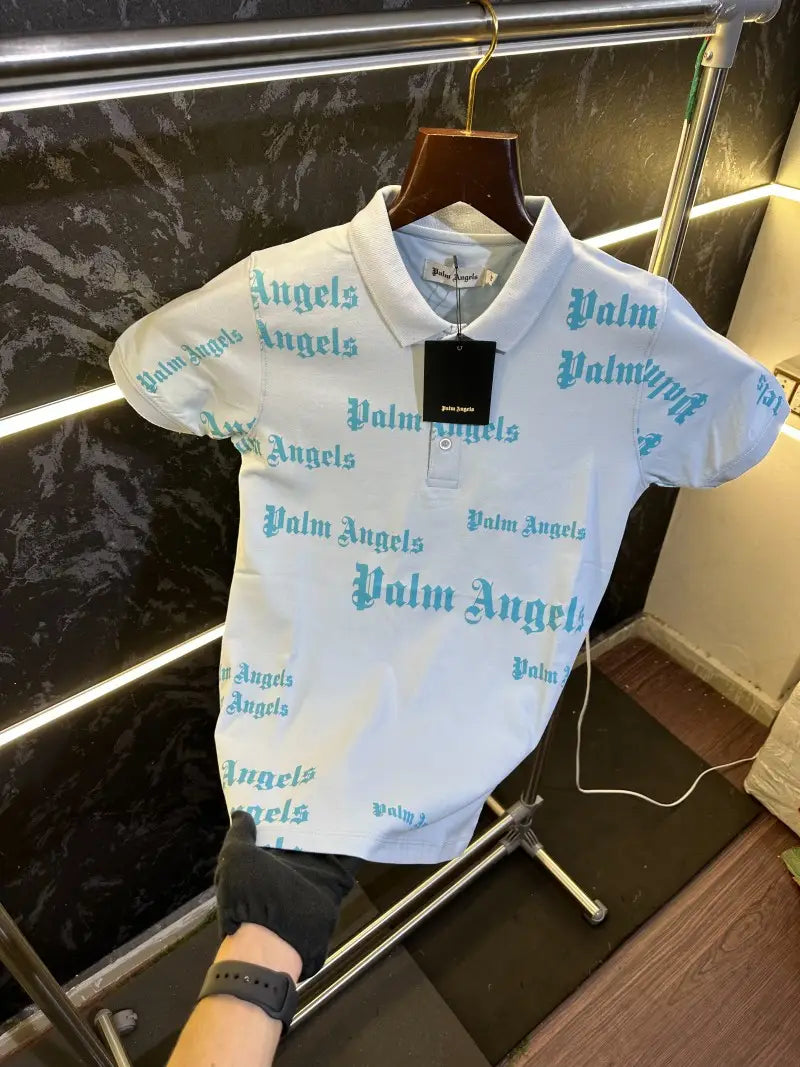 Palm Angels All Over Print Polo Tshirt Light Blue