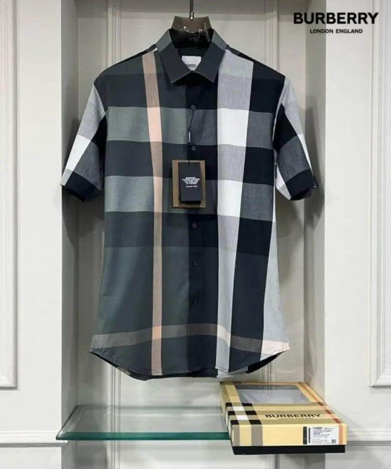 Burberr y Checks Half sleeve Store article Shirt with Original box ( Grey Green )