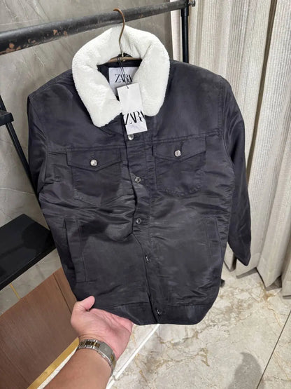 Zar_a Black Jacket Heavy Quality With Fur Collar