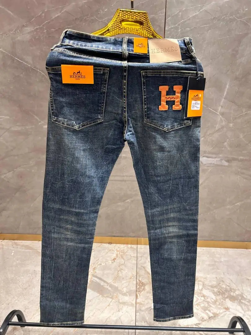 HERMES IMPORTED DARK WASH PREMIUM BACK LOGO DENIM