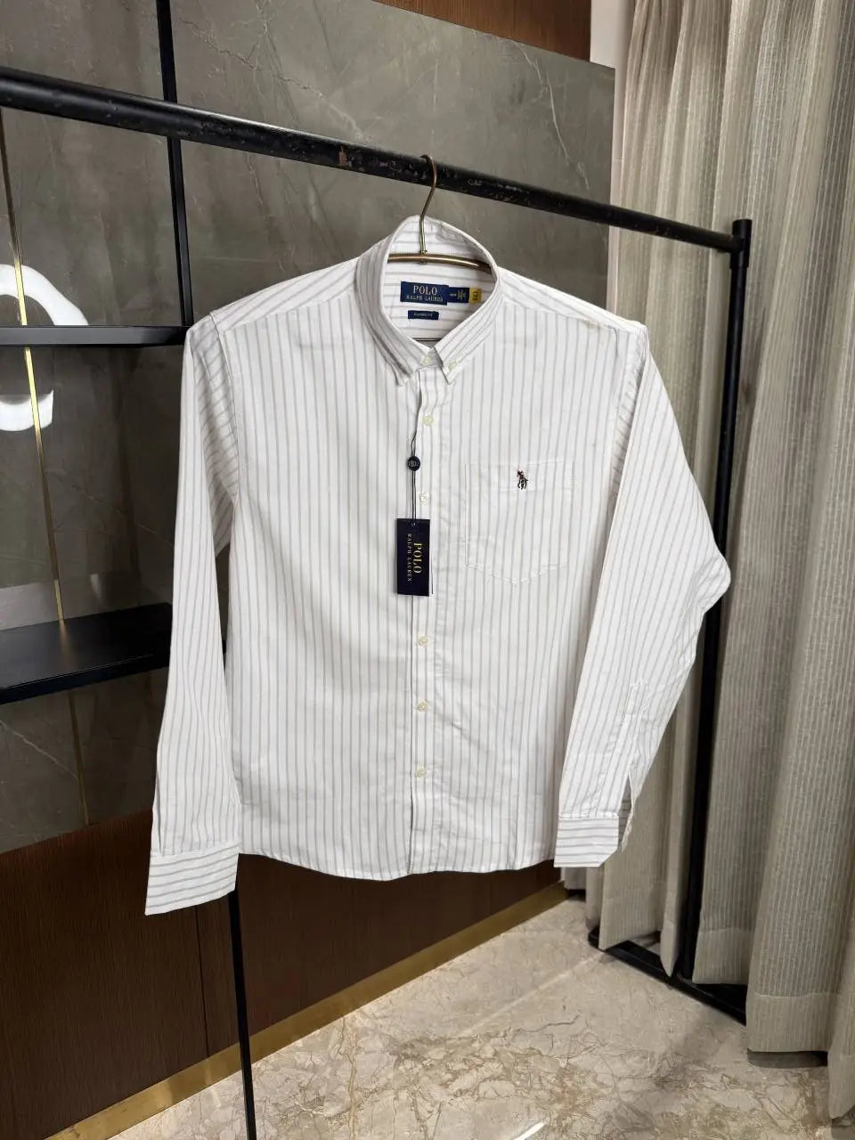 RALPH LAURE_N POLO WHITE BROWN PREMIUM OXFORD SHIRT