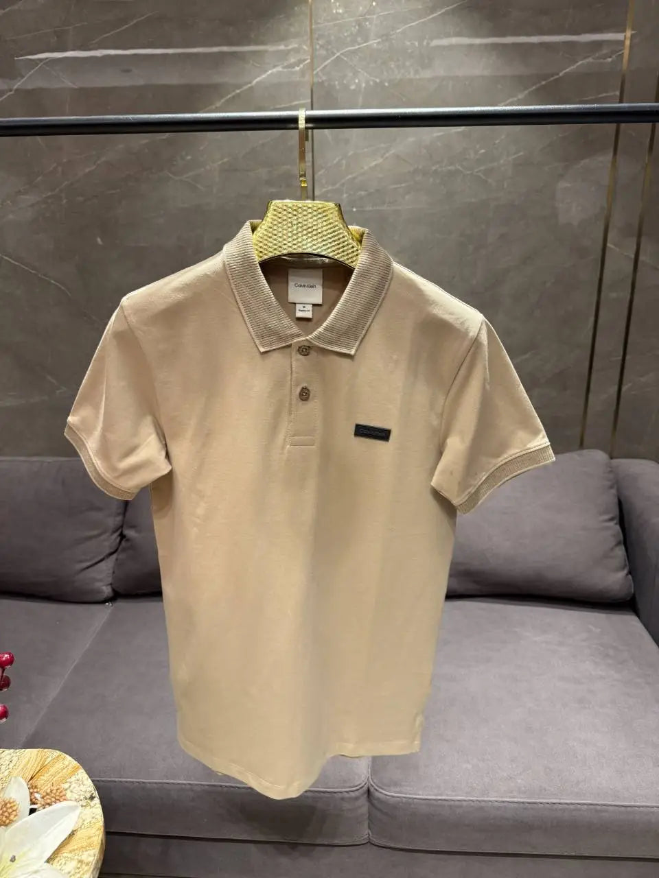 CALVIN KLEI_N BEIGE PREMIUM FABRIC COLLAR WORK POLO