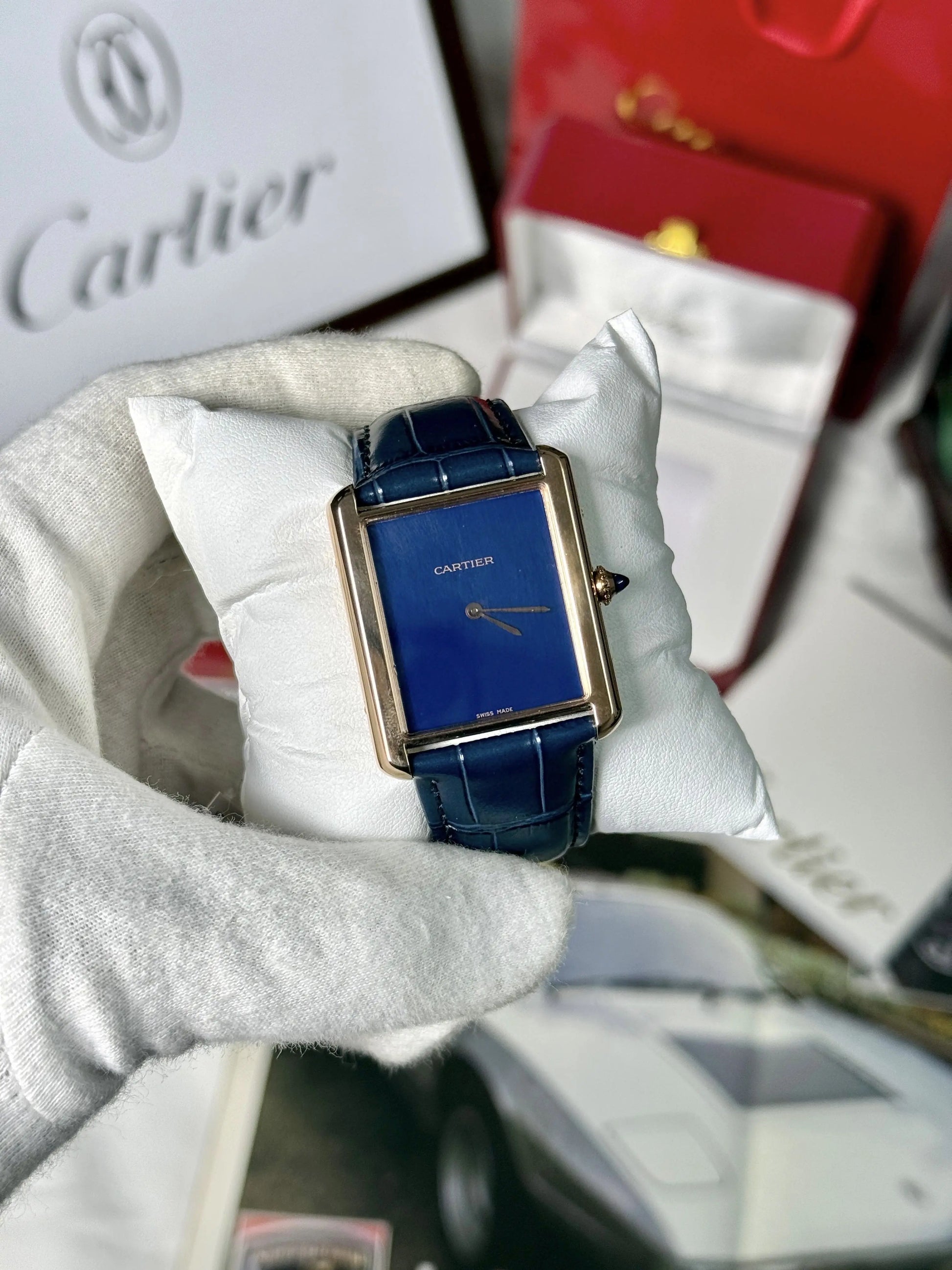 Cartier Tank Louis Watch Blue with Croco Strap