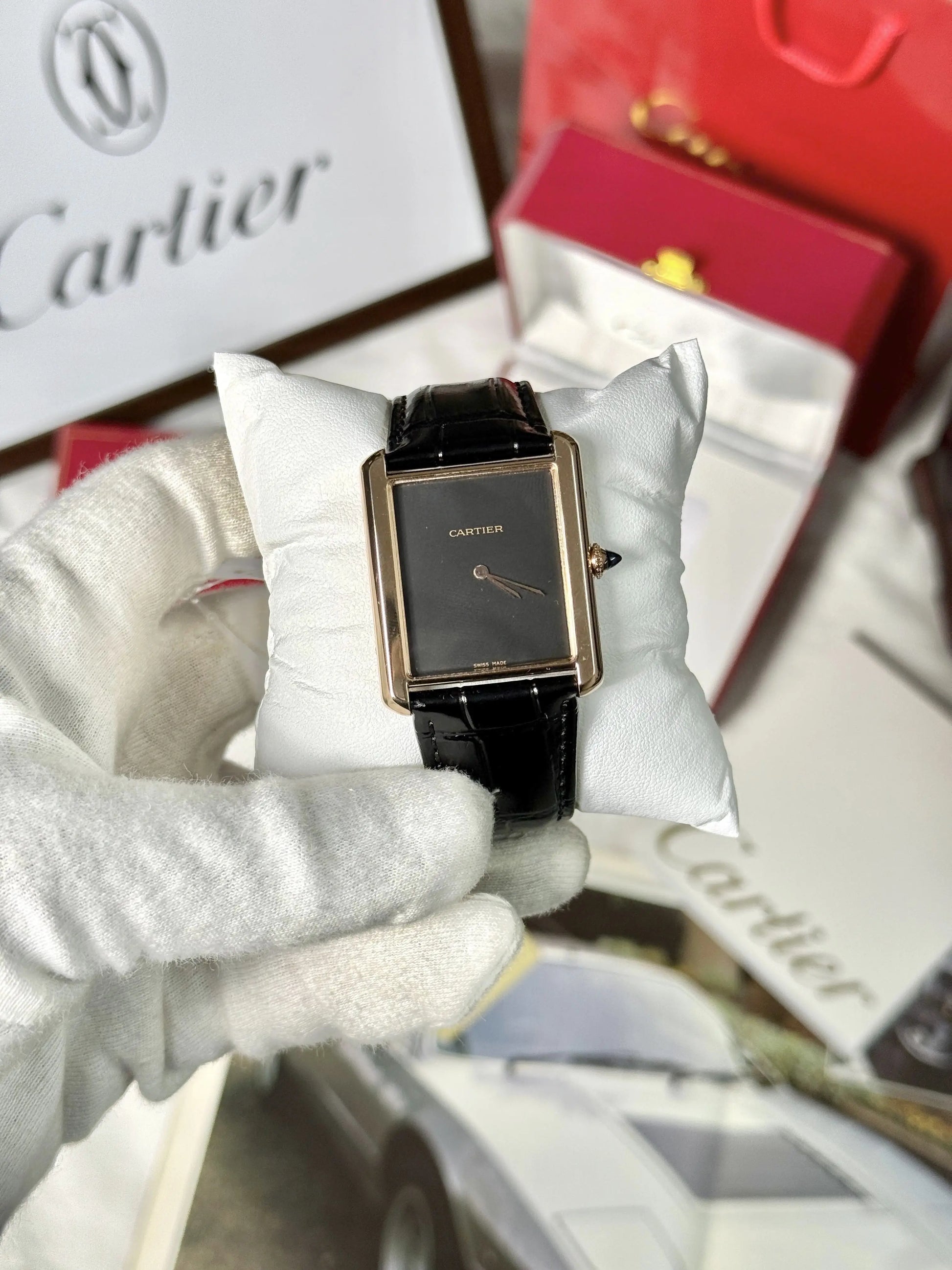 Cartier Tank Louis Watch Black with Croco Strap