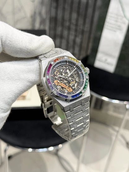 Audemars Piguet Royal Oak Silver Frosted Gold Double Balance Wheel with Rainbow Bezel